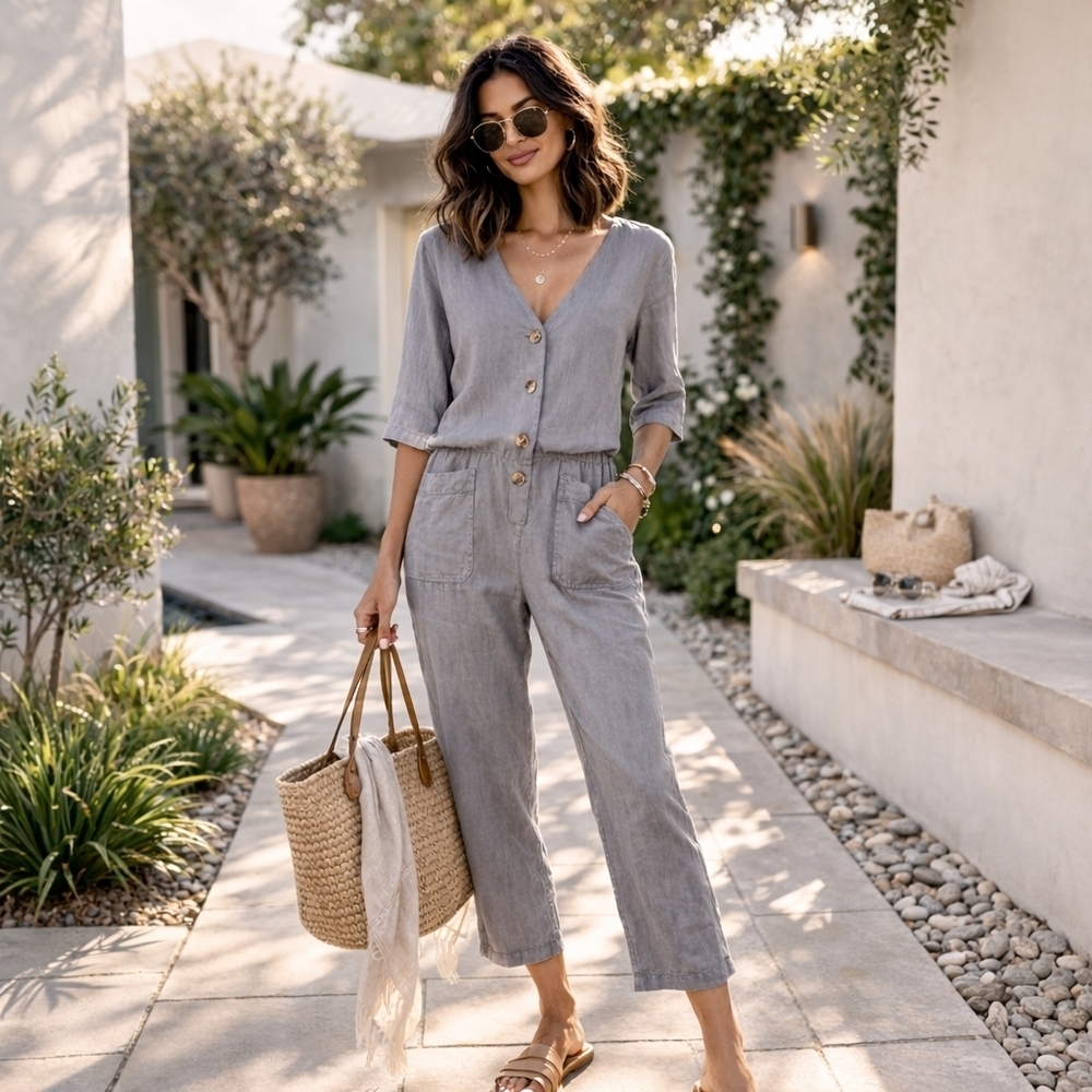 Zara Gray Linen Blend Button Front Jumpsuit M Minimalist Utility